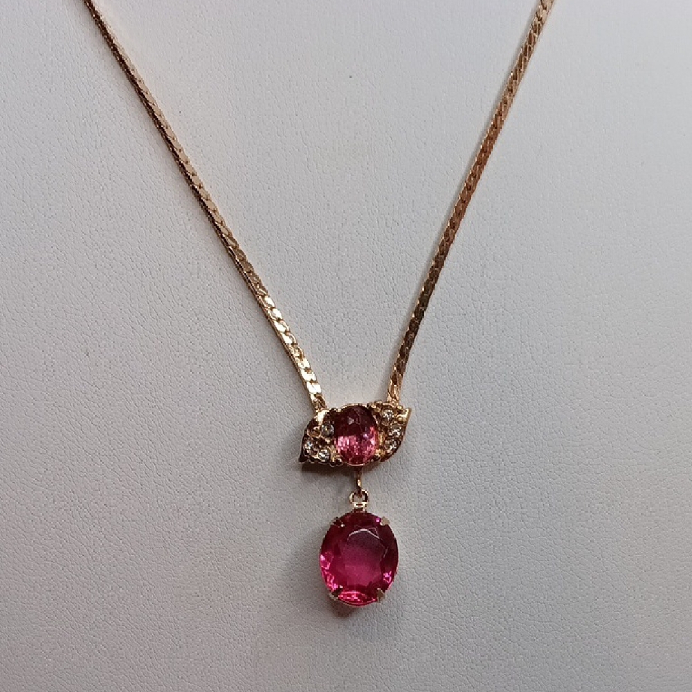 Pink Stone Gold Tone Herringbone Chain Necklace 17" Long - Picture 1 of 5